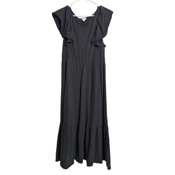 J. Crew Dresses & Skirts - J Crew Womens XL Black Flutter Sleeve Tiered Midi Dress Boho Classic 100% Cotton